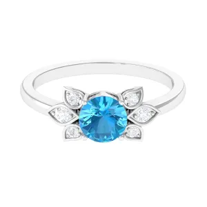Swiss Blue Topaz Solitaire Flower Ring with Diamond