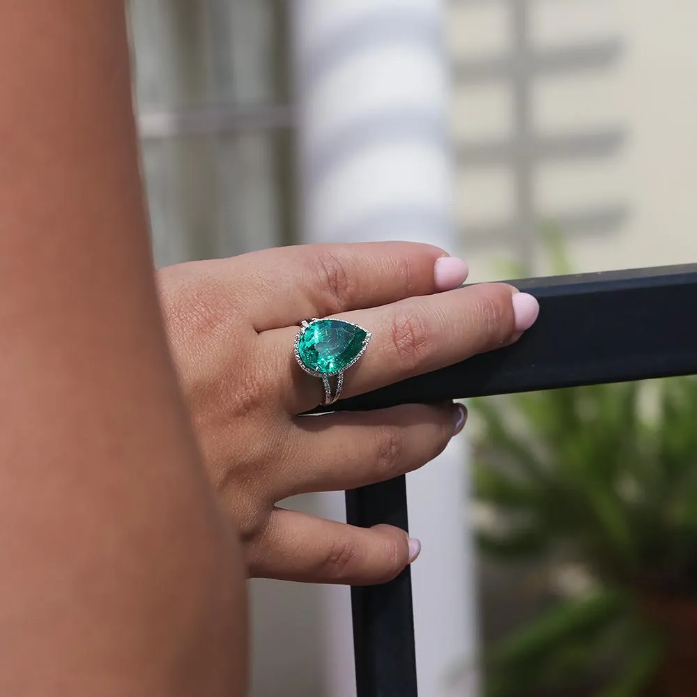 Teardrop Lab-Created Emerald Halo Ring with Diamonds White Gold