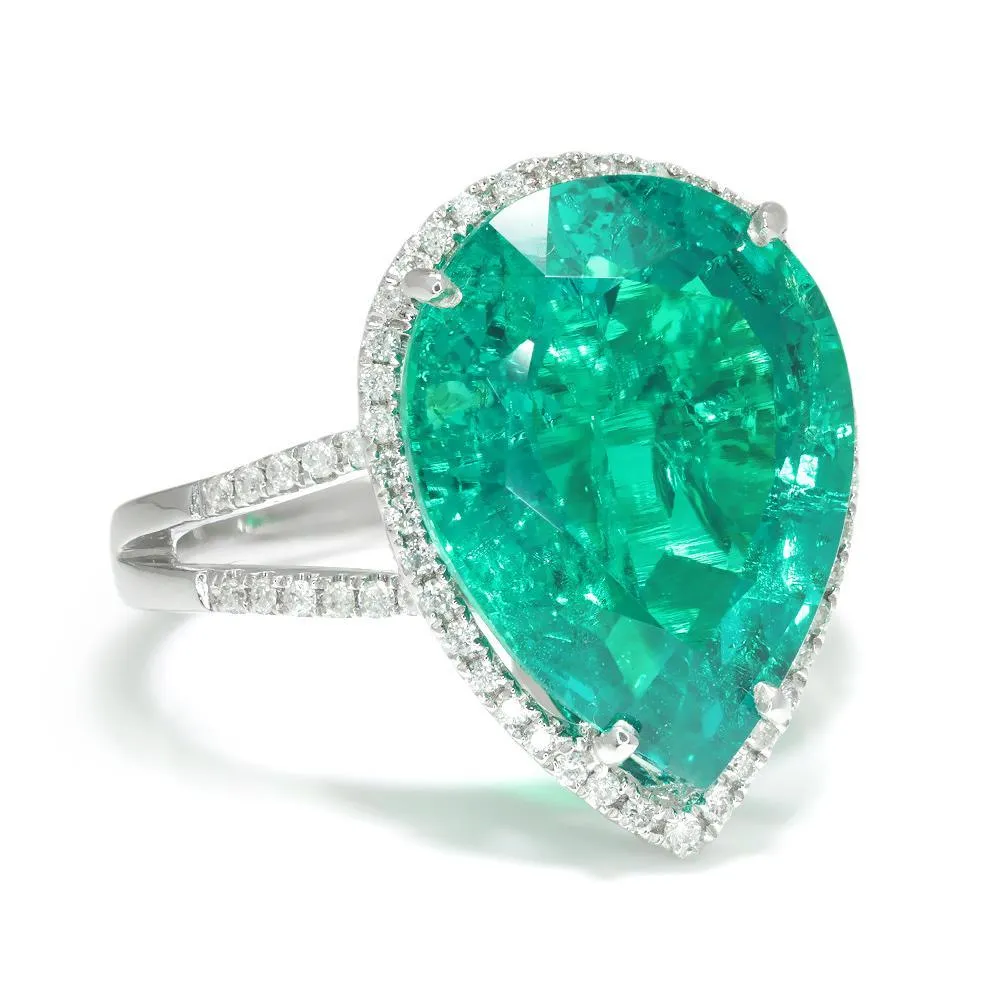 Teardrop Lab-Created Emerald Halo Ring with Diamonds White Gold
