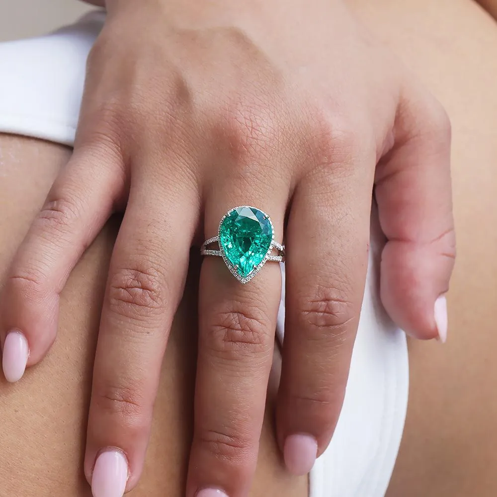 Teardrop Lab-Created Emerald Halo Ring with Diamonds White Gold
