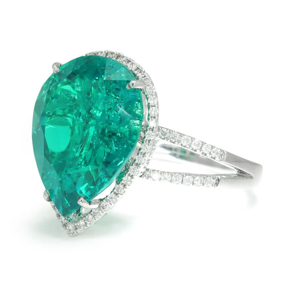 Teardrop Lab-Created Emerald Halo Ring with Diamonds White Gold