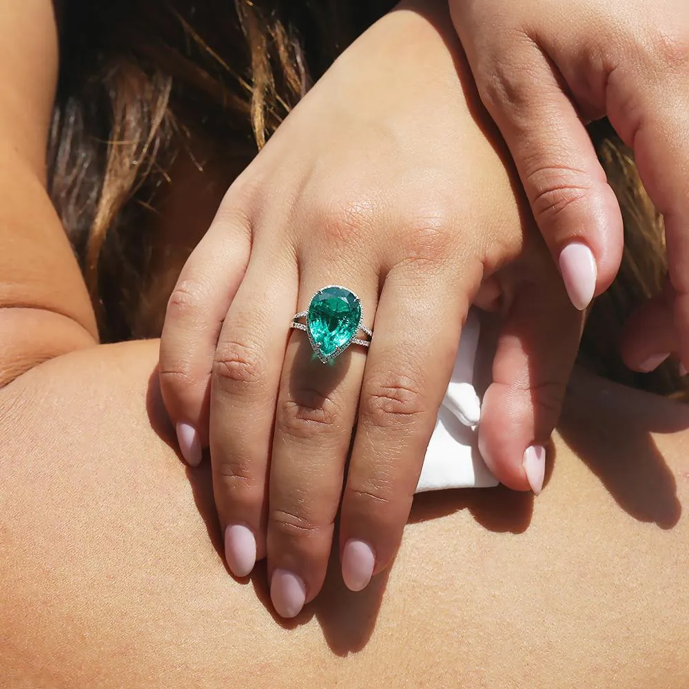 Teardrop Lab-Created Emerald Halo Ring with Diamonds White Gold