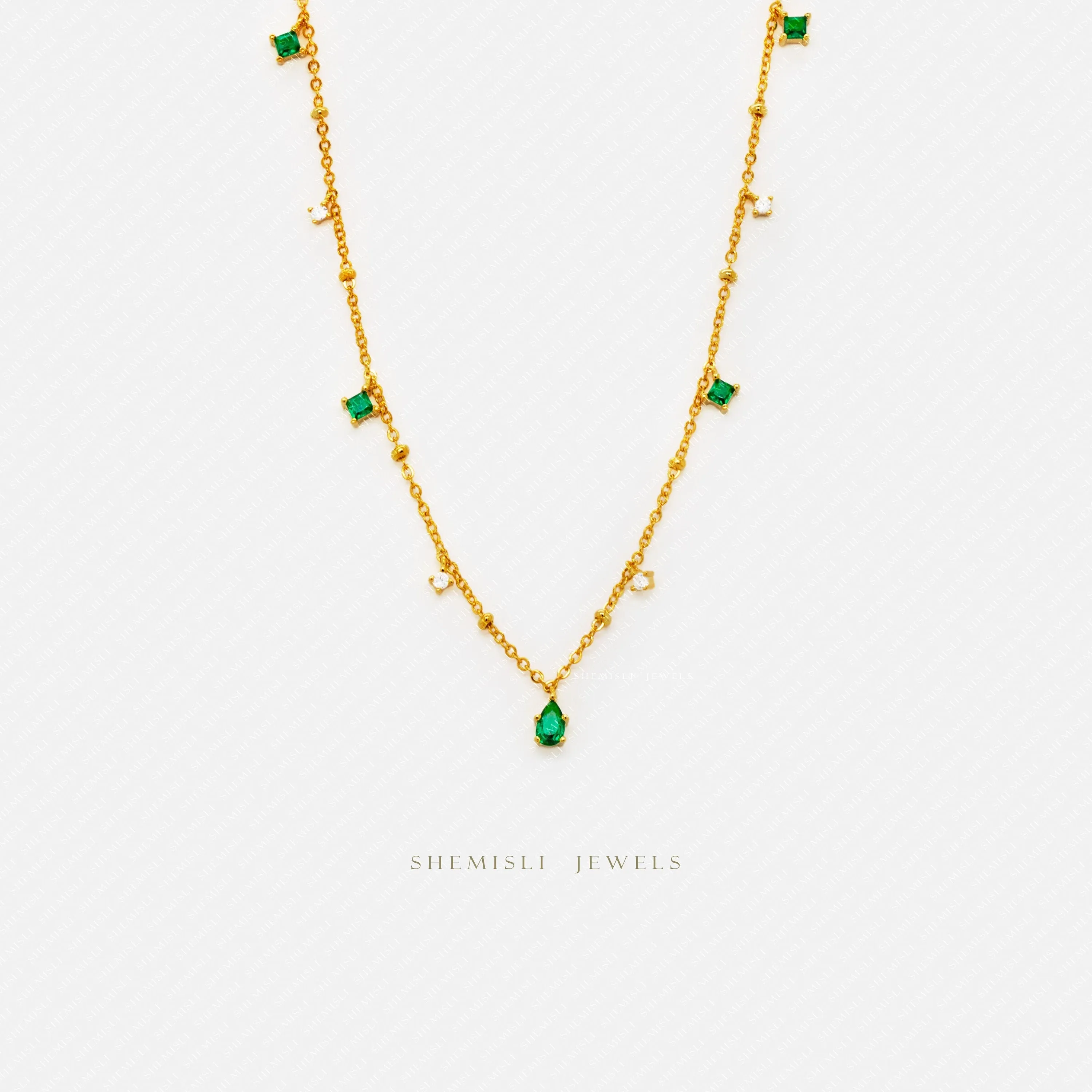 Tiny Emerald and White Stone Necklace, Silver or Gold Plated, 17.5" SHEMISLI - SN034