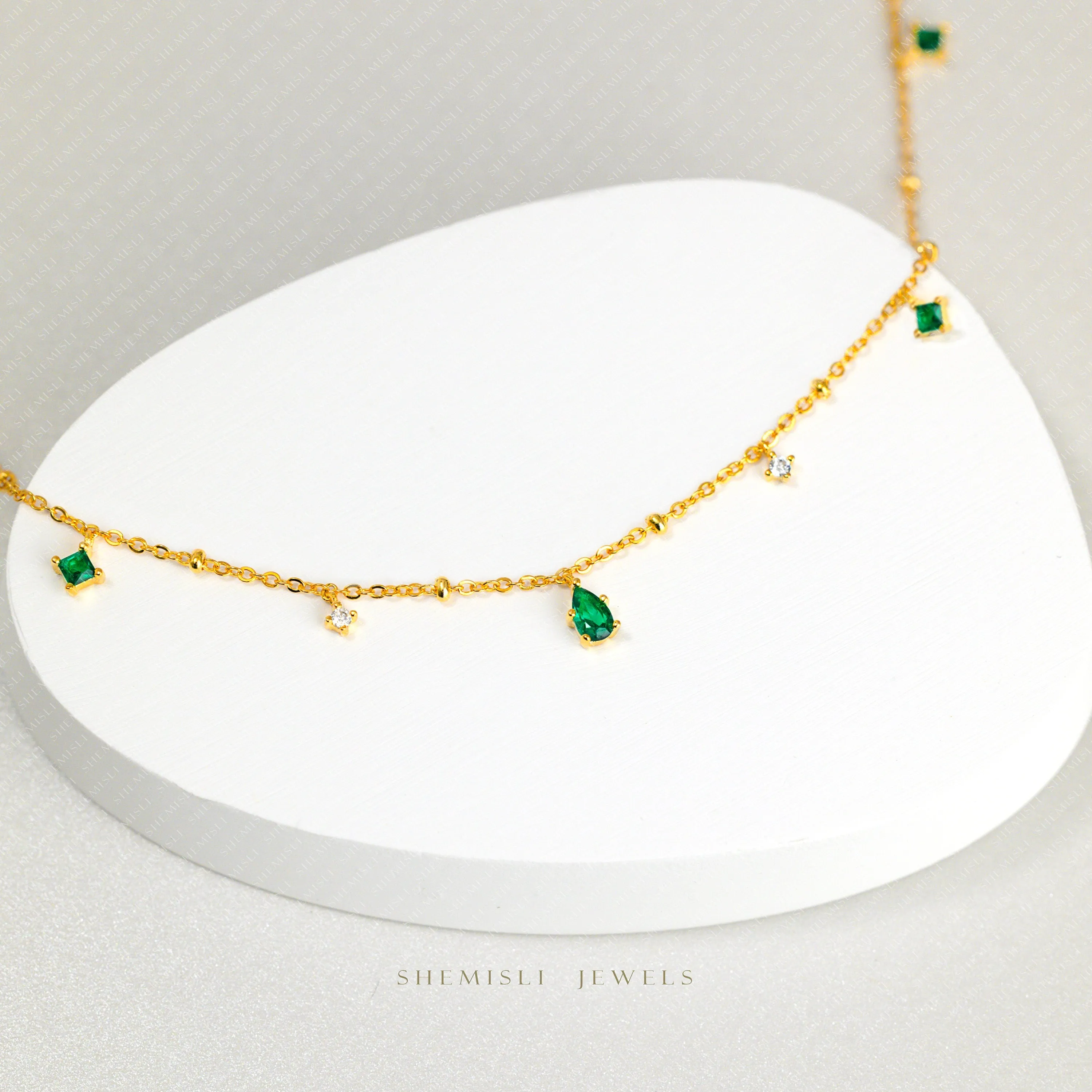 Tiny Emerald and White Stone Necklace, Silver or Gold Plated, 17.5" SHEMISLI - SN034