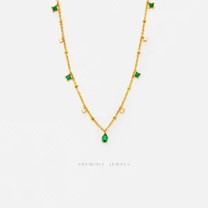 Tiny Emerald and White Stone Necklace, Silver or Gold Plated, 17.5" SHEMISLI - SN034