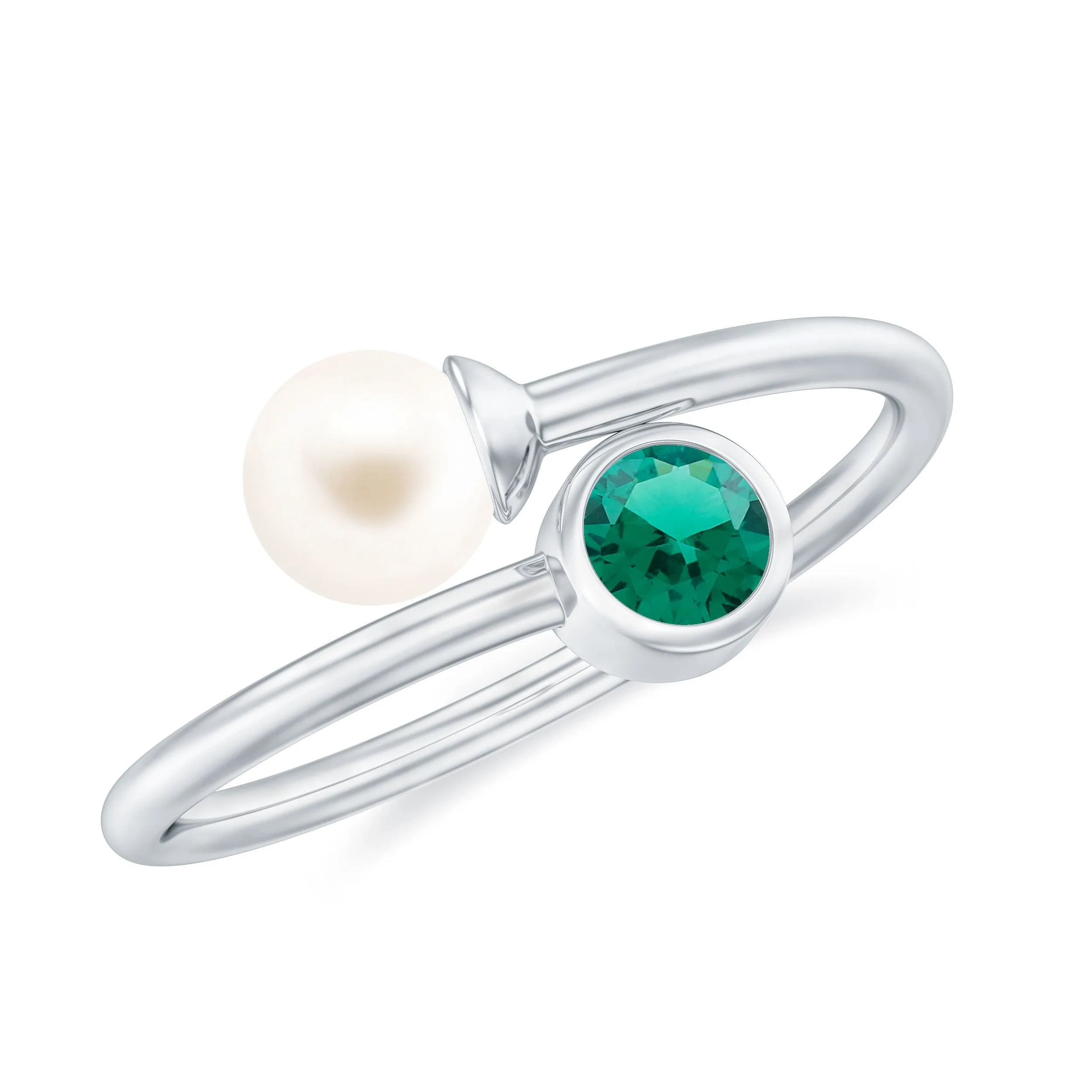 Toi et Moi Emerald and Freshwater Pearl Ring in Gold