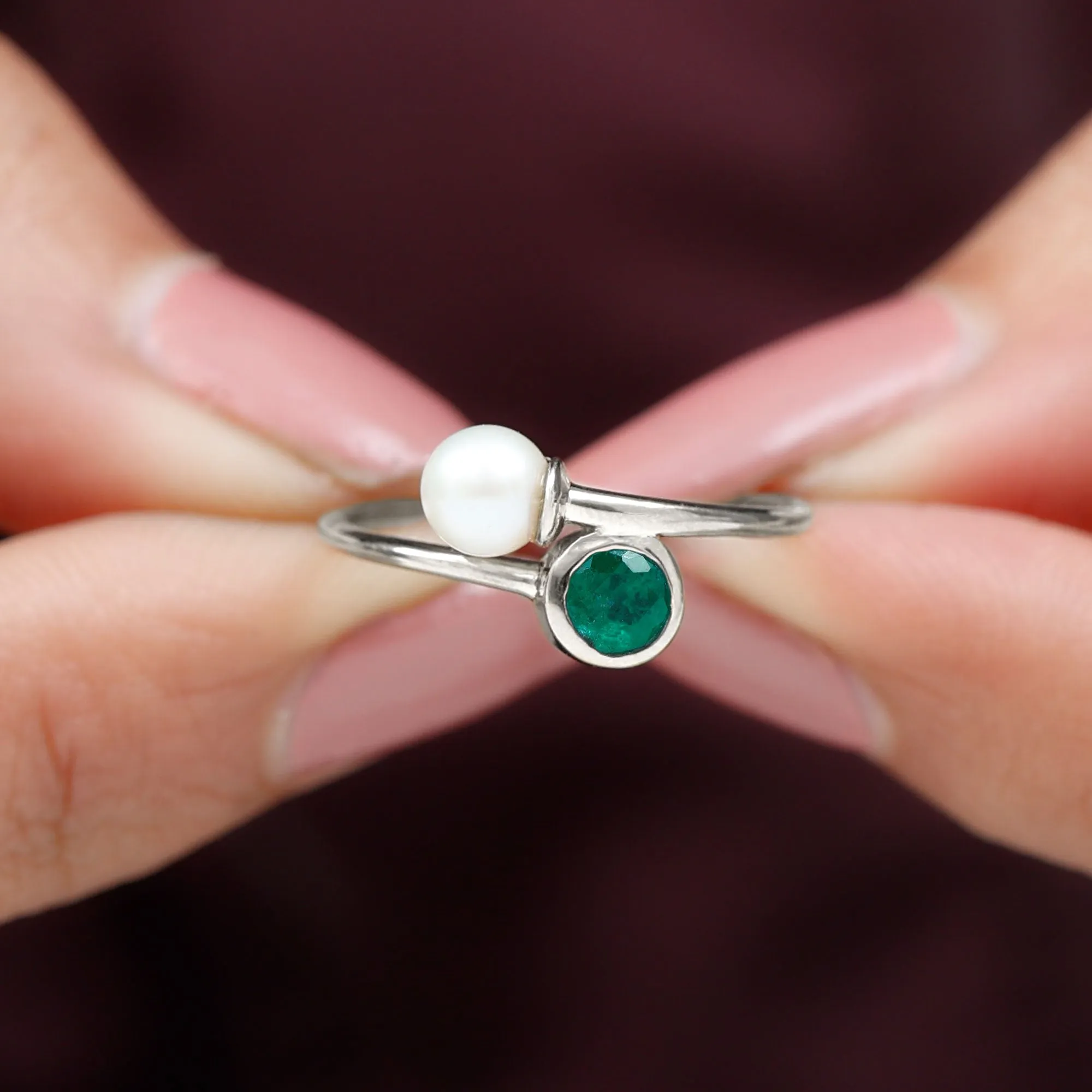 Toi et Moi Emerald and Freshwater Pearl Ring in Gold