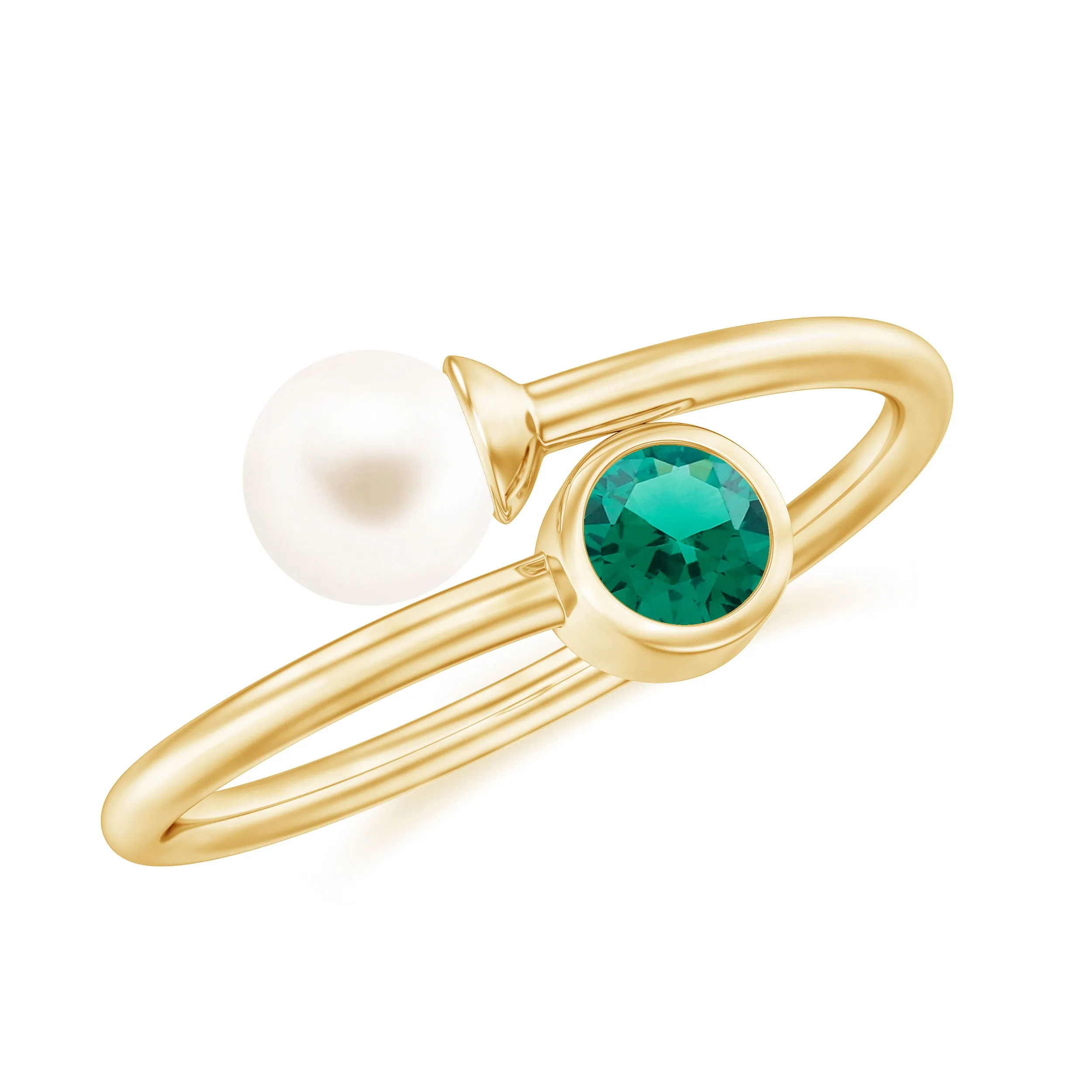 Toi et Moi Emerald and Freshwater Pearl Ring in Gold