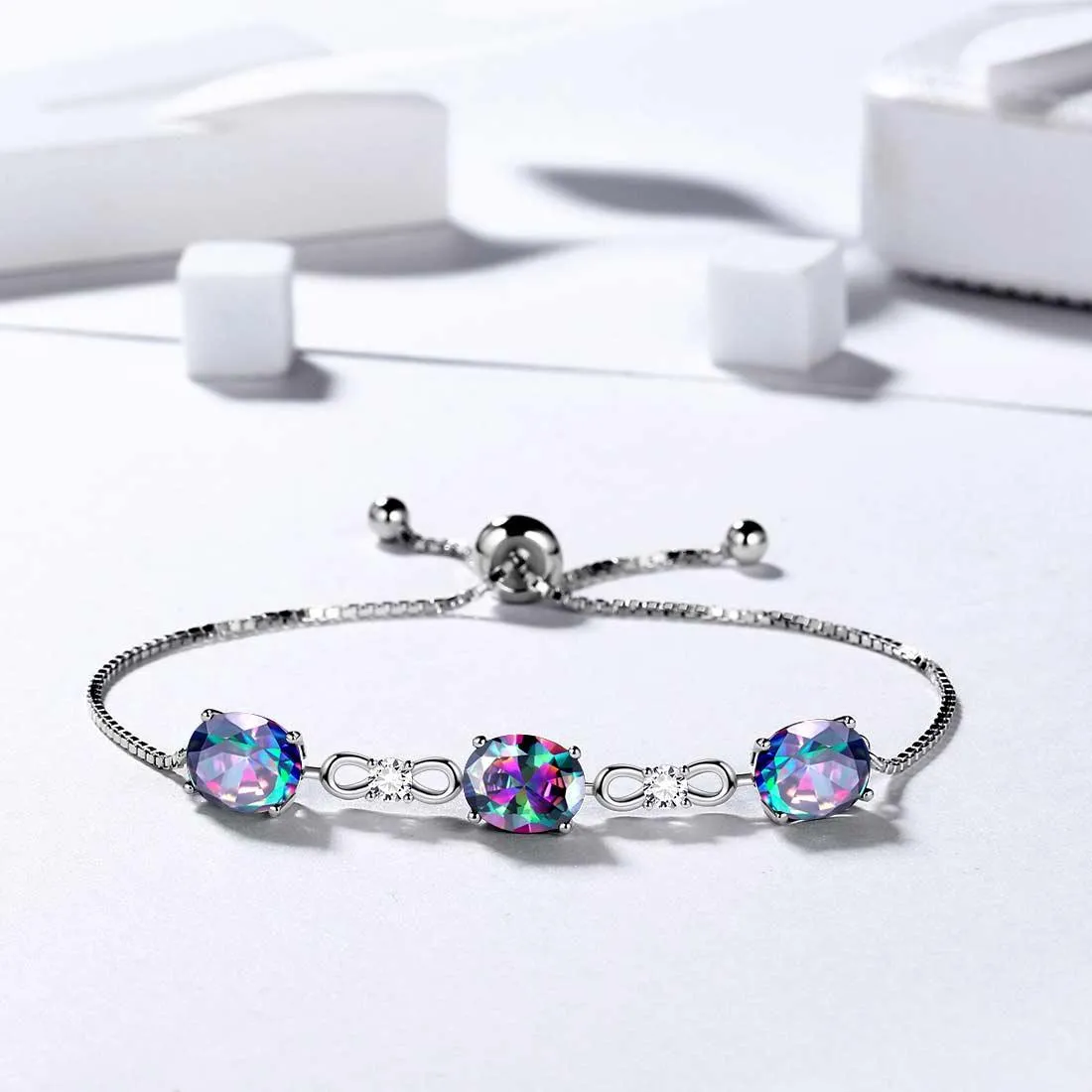 Tokyo Mart Round Rainbow Mystic Topaz Bracelet Women Girls Jewelry Birthday Gift Sterling Silver