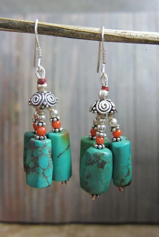 Traditional Tibetan Earrings Coral Turquoise