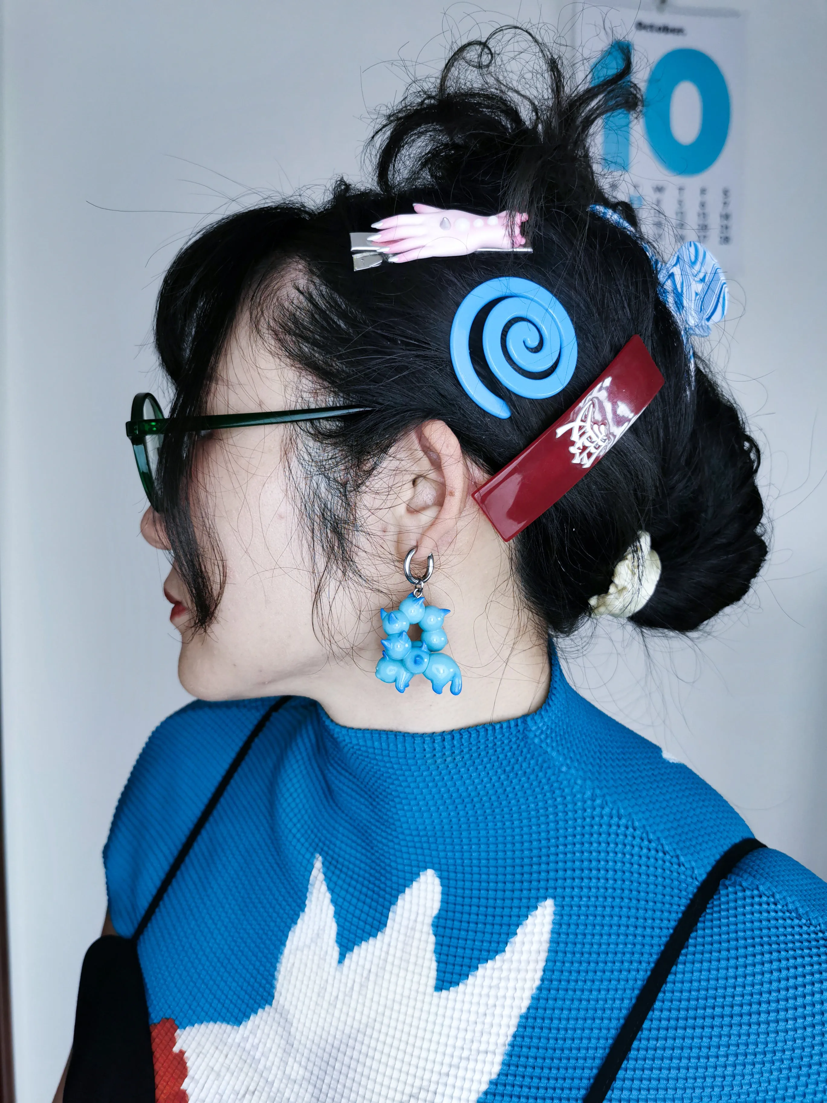 Turquoise and blue catcaterpillar with lots of ears necklace & earring