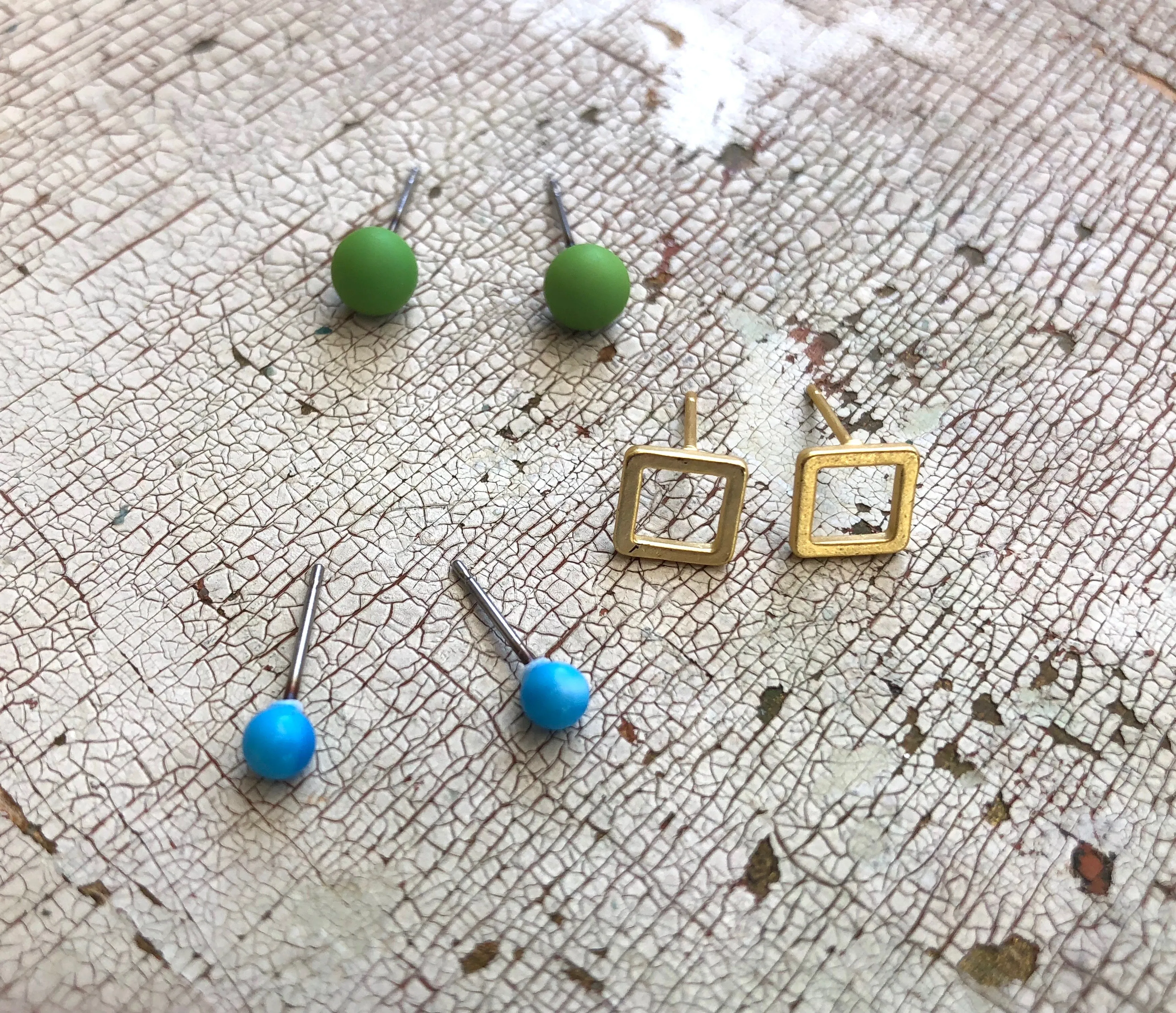 Turquoise Frosted Gold Squares & Lime Green Tiny Geo Stud Earrings Set