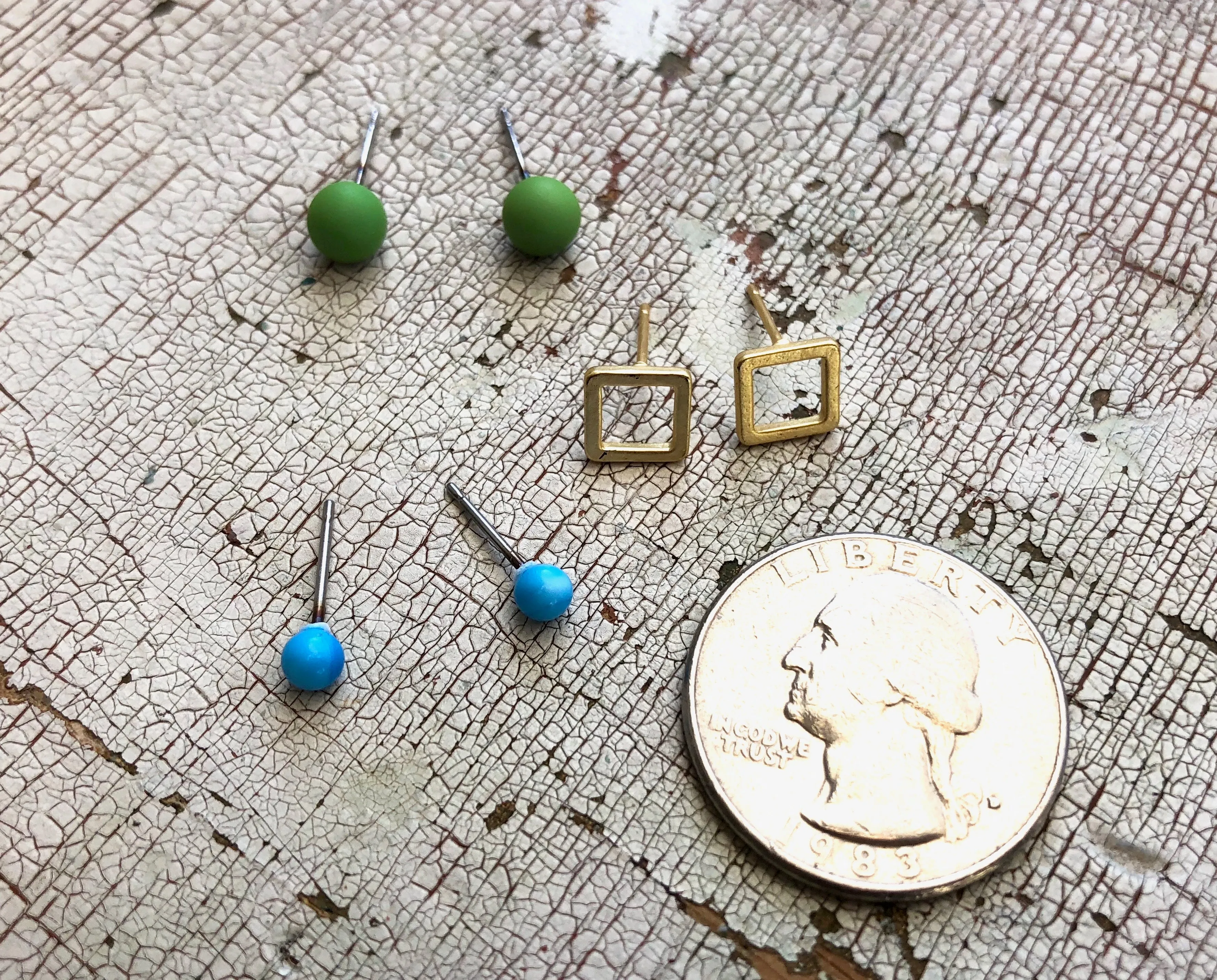 Turquoise Frosted Gold Squares & Lime Green Tiny Geo Stud Earrings Set