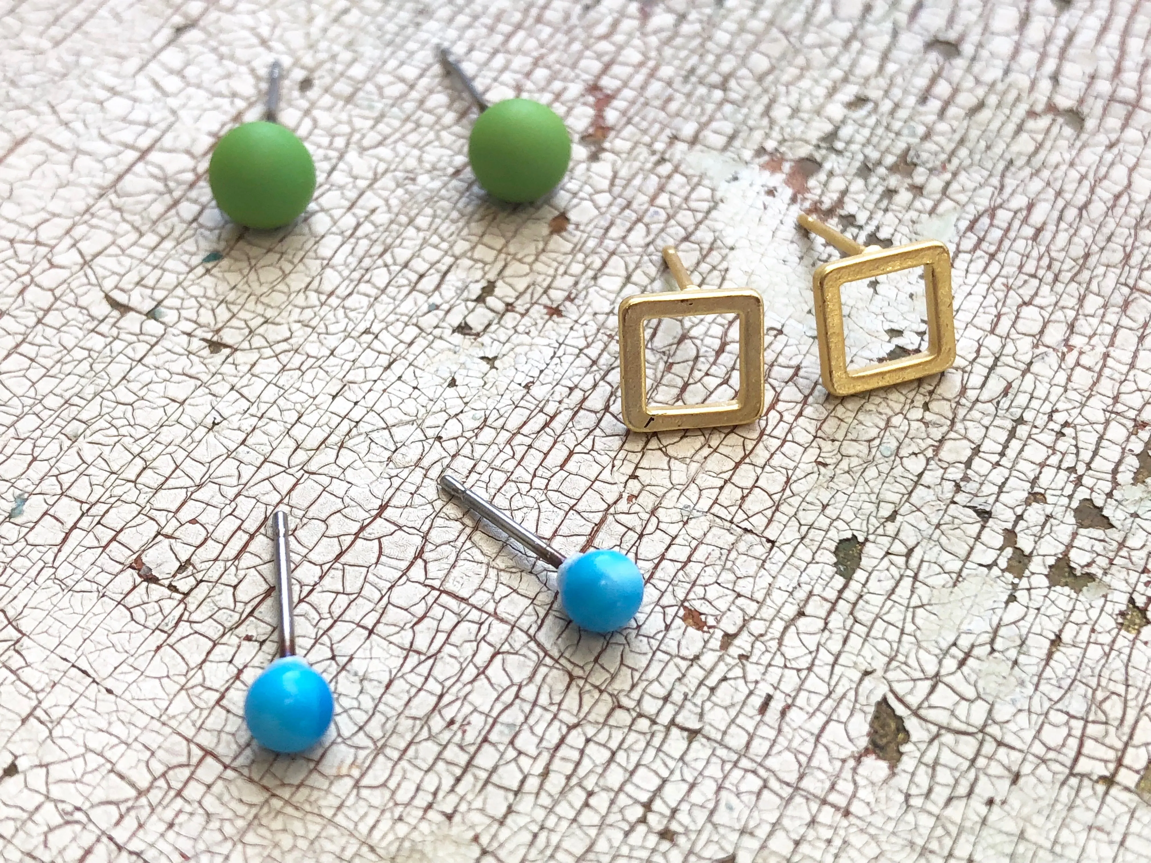 Turquoise Frosted Gold Squares & Lime Green Tiny Geo Stud Earrings Set