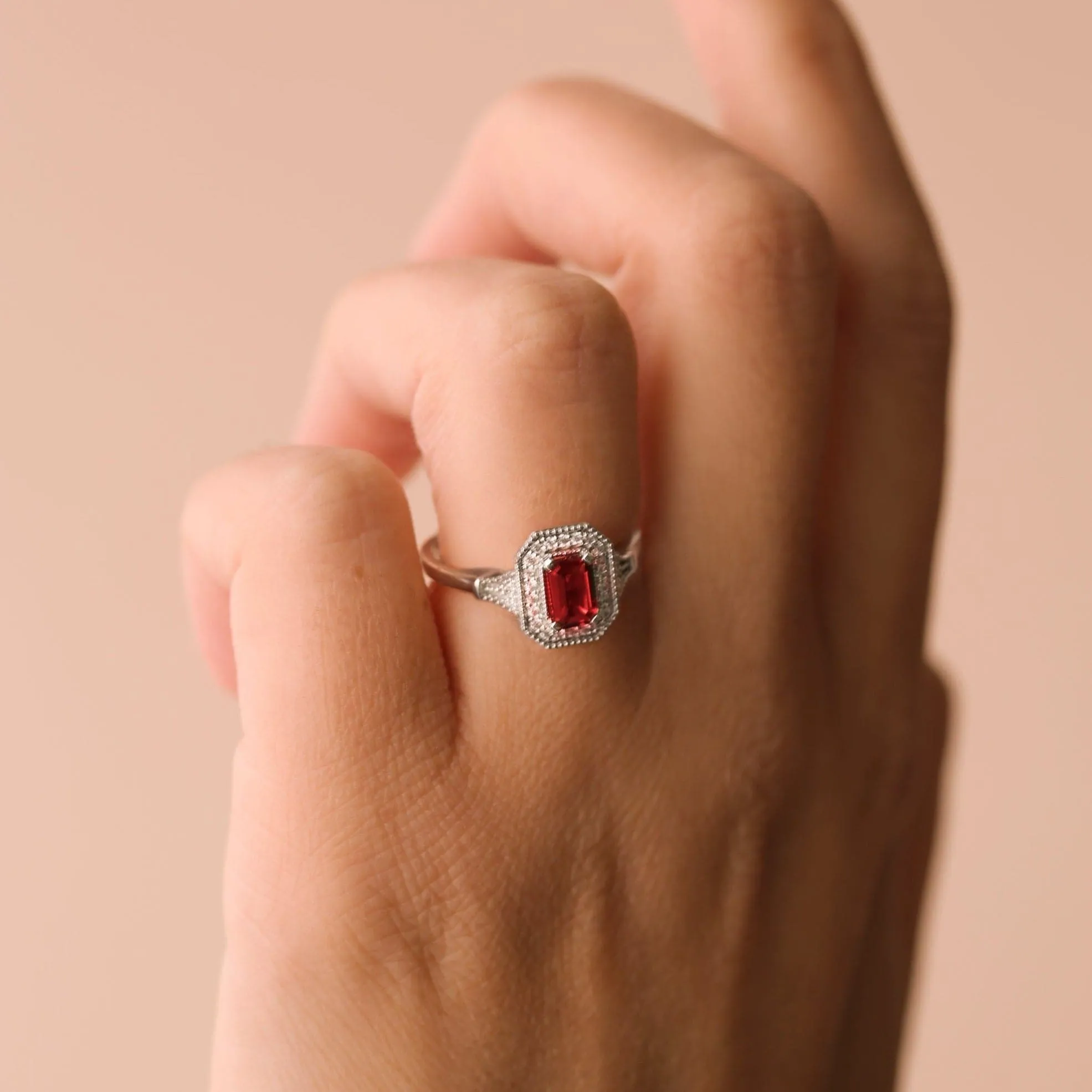 Vera | 18ct White Gold 0.12ct tw Lab Grown Diamond and Created Ruby Vintage Ring