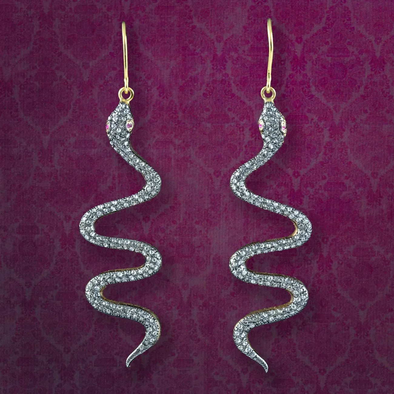 Victorian Style Diamond Snake Drop Earrings 18ct Gold Silver