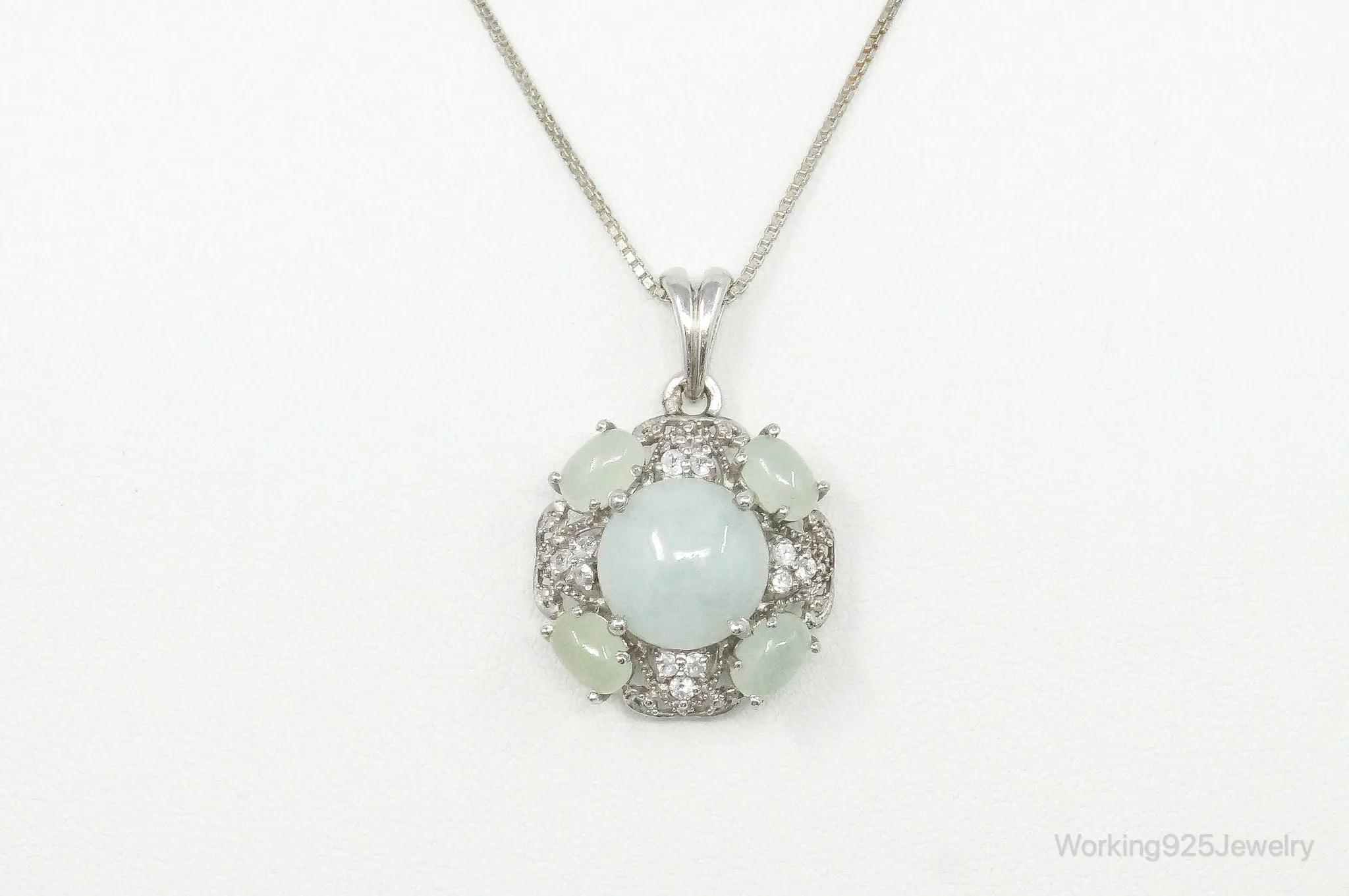 Vintage Jade Prehnite Cubic Zirconia Sterling Silver Necklace