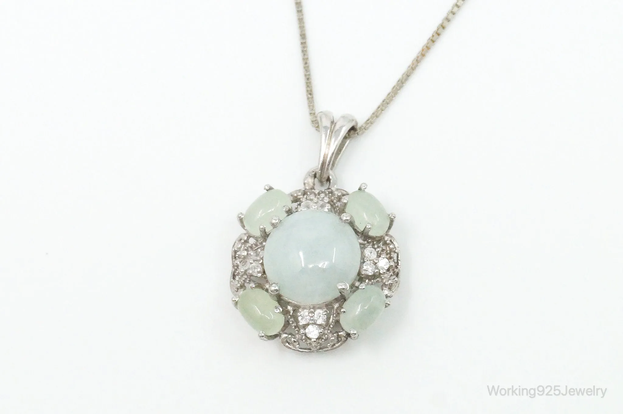 Vintage Jade Prehnite Cubic Zirconia Sterling Silver Necklace