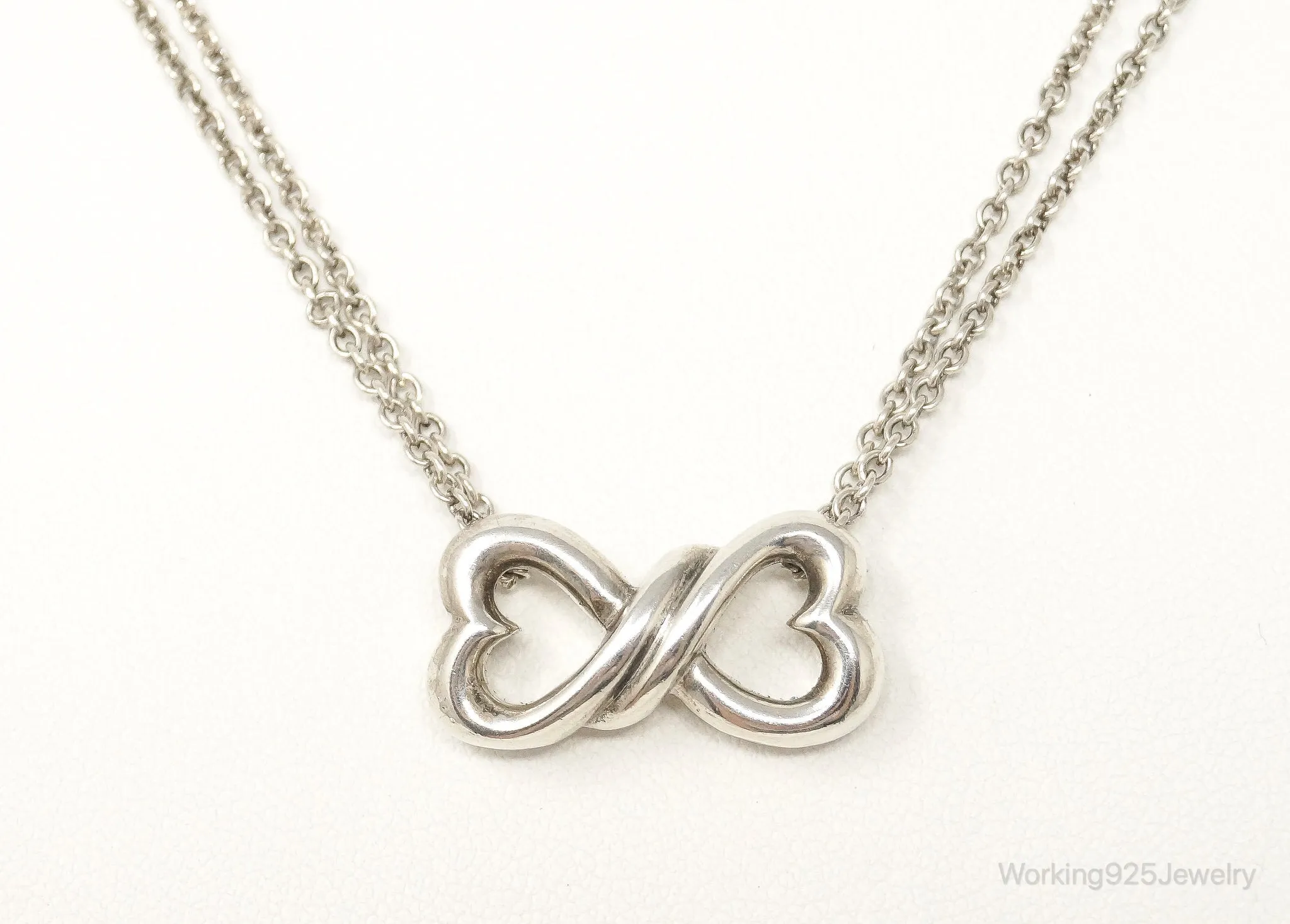 Vintage Open Linked Hearts Lovers Infinity Sterling Silver Necklace