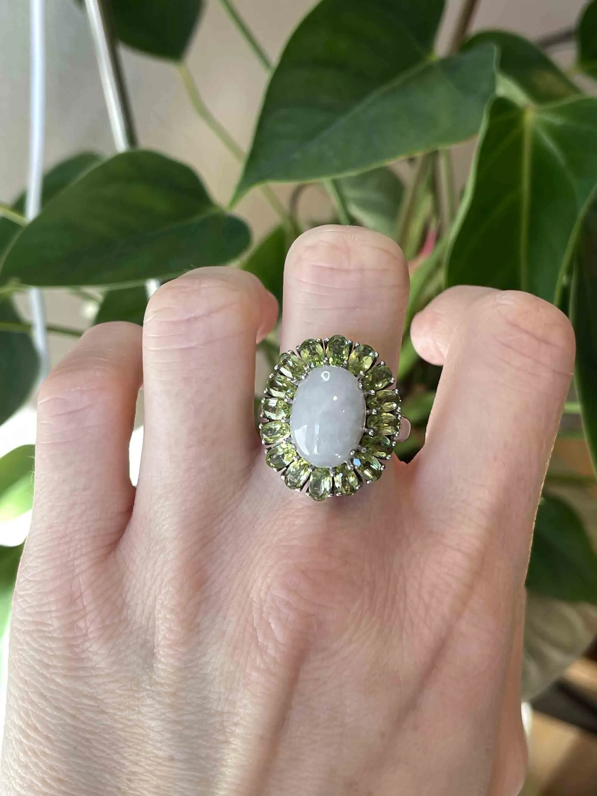Vintage Silver Moonstone Peridot Halo Ring