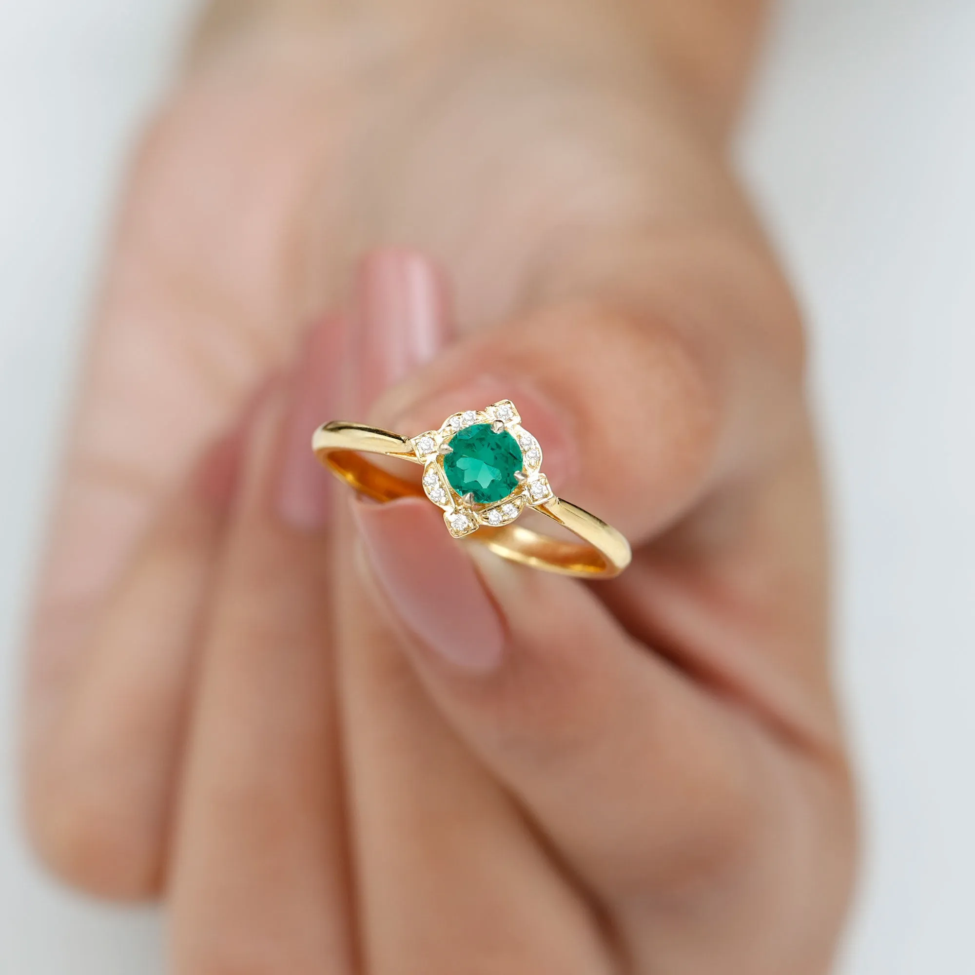 Vintage Style Created Emerald and Diamond Engagement Ring