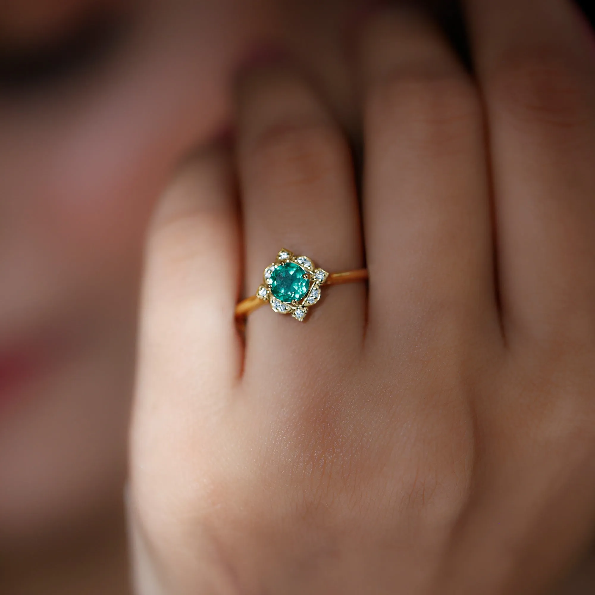 Vintage Style Created Emerald and Diamond Engagement Ring
