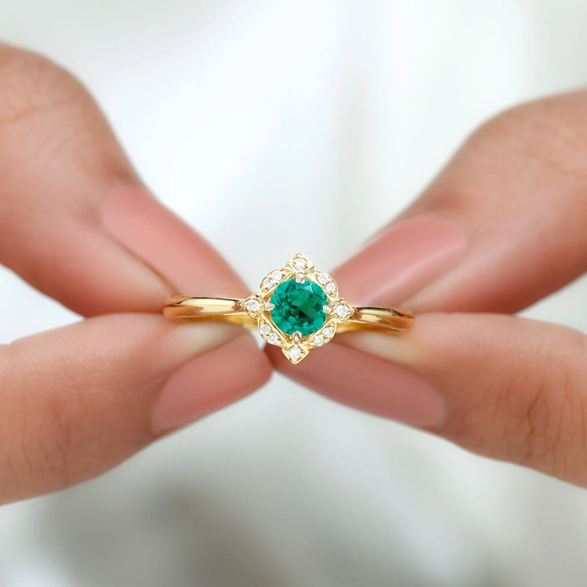 Vintage Style Created Emerald and Diamond Engagement Ring