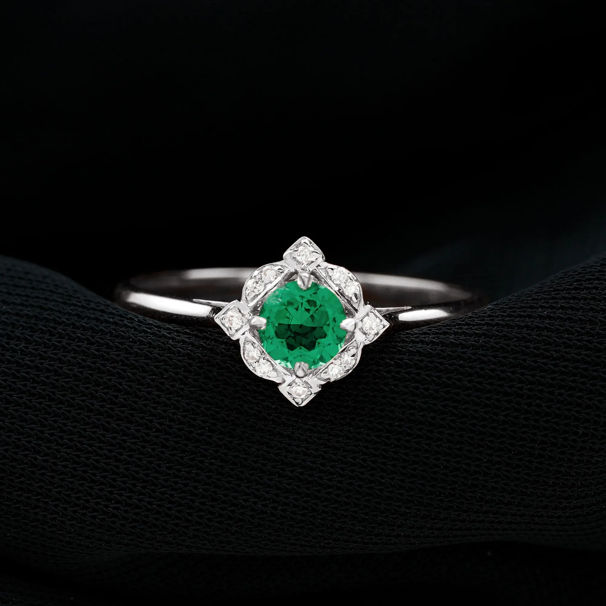 Vintage Style Created Emerald and Diamond Engagement Ring