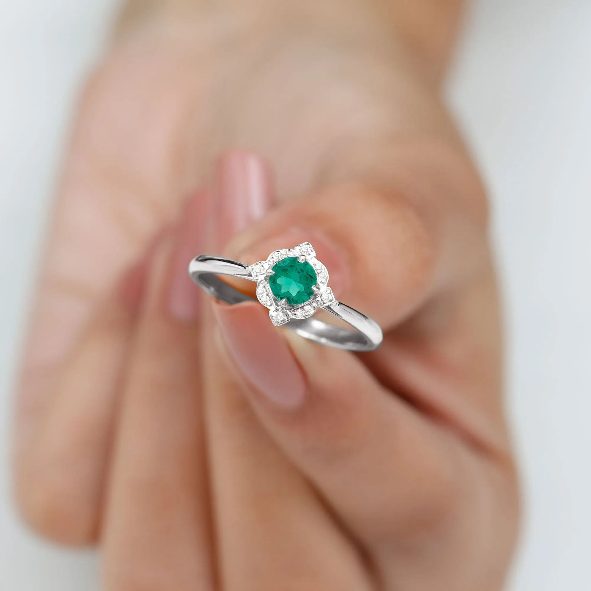 Vintage Style Created Emerald and Diamond Engagement Ring