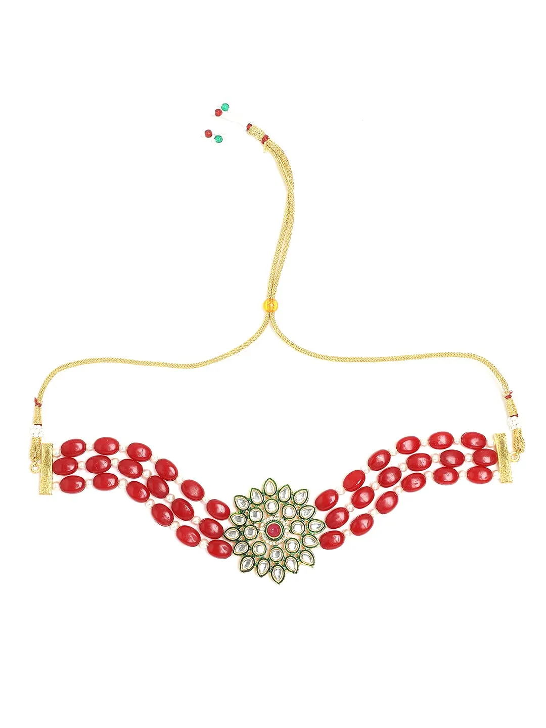 Yellow Chimes Kundan Jewellery Set for Women Traditional Red Beads Necklace Set Gold Toned Choker Necklace Set for Women and Girls.