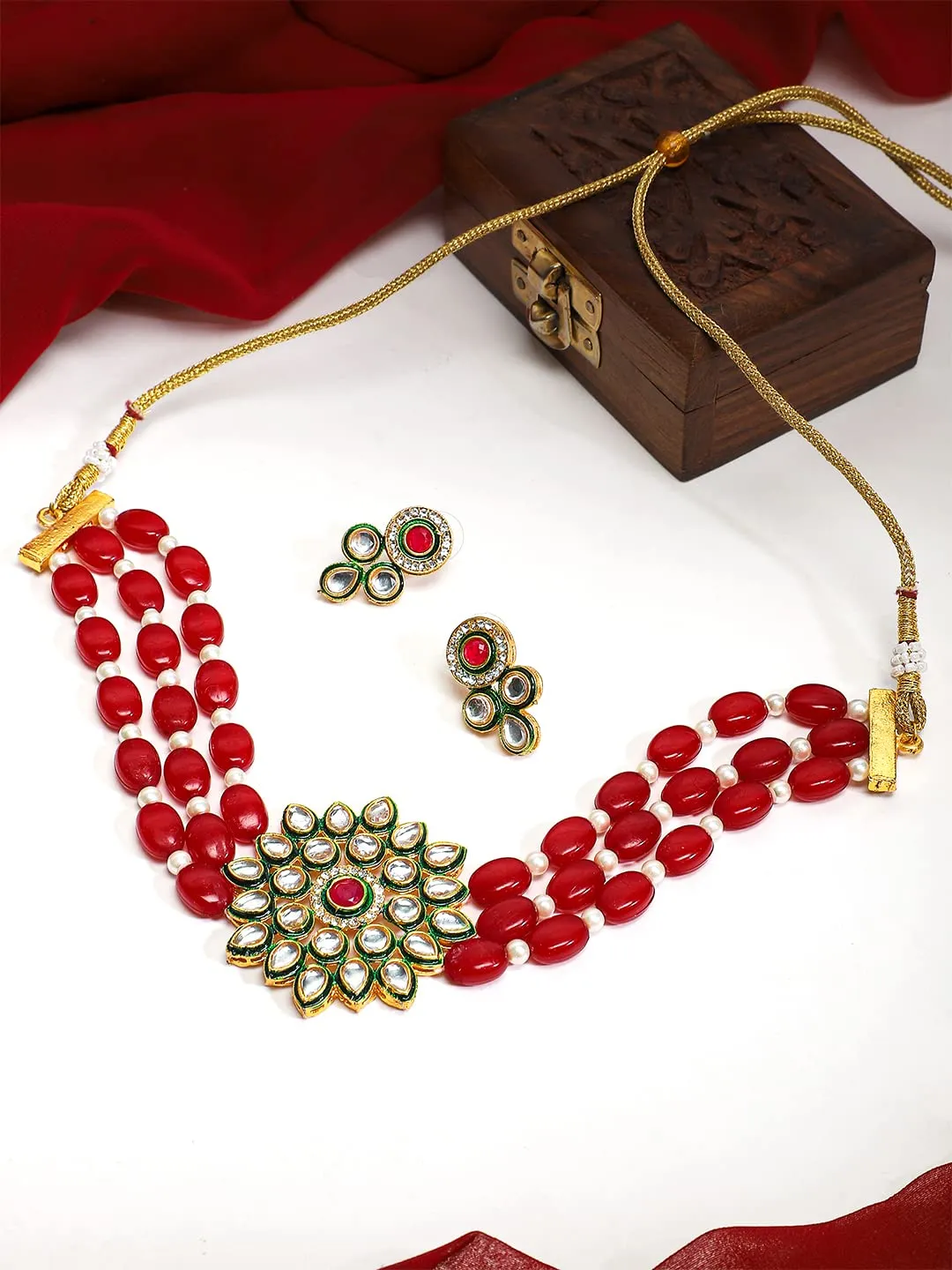 Yellow Chimes Kundan Jewellery Set for Women Traditional Red Beads Necklace Set Gold Toned Choker Necklace Set for Women and Girls.