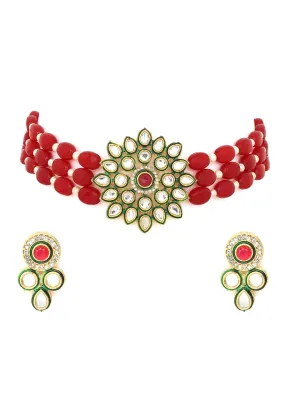 Yellow Chimes Kundan Jewellery Set for Women Traditional Red Beads Necklace Set Gold Toned Choker Necklace Set for Women and Girls.