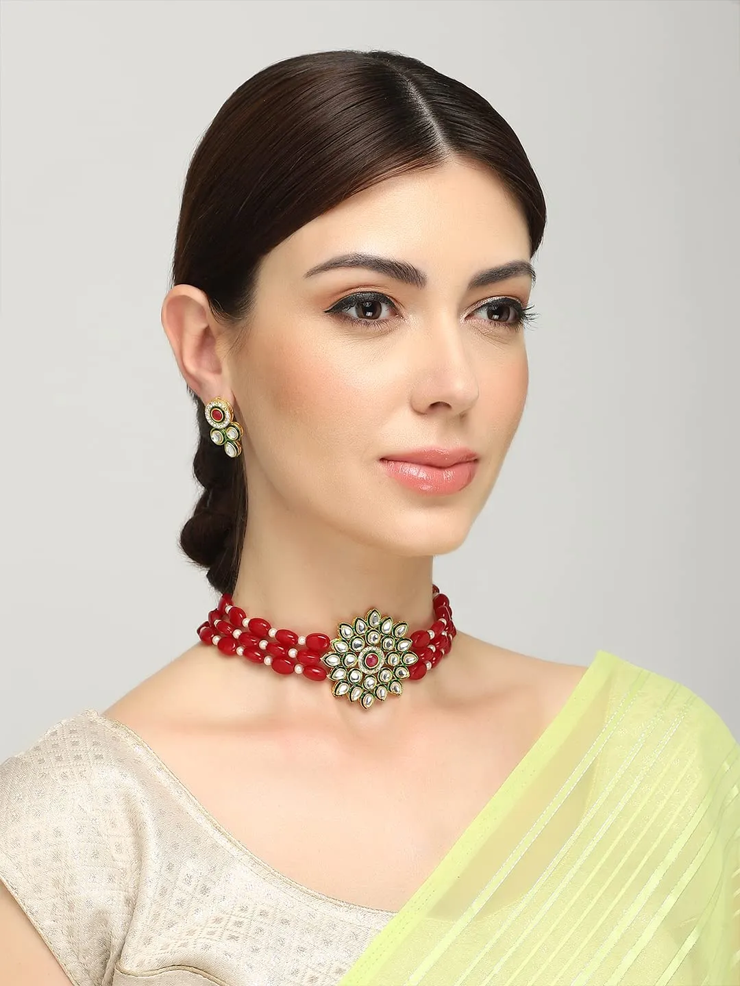 Yellow Chimes Kundan Jewellery Set for Women Traditional Red Beads Necklace Set Gold Toned Choker Necklace Set for Women and Girls.